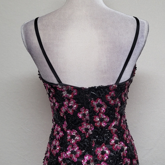 80s Vintage Alyce Designs Black Pink Sequin Floral Ruffle Bustier Mini Dress 6 - Picture 11 of 13